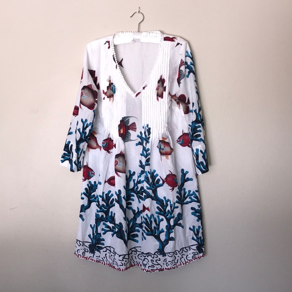 SOLD Soft Surroundings white ocean scene dress S - Picture 2 of 6